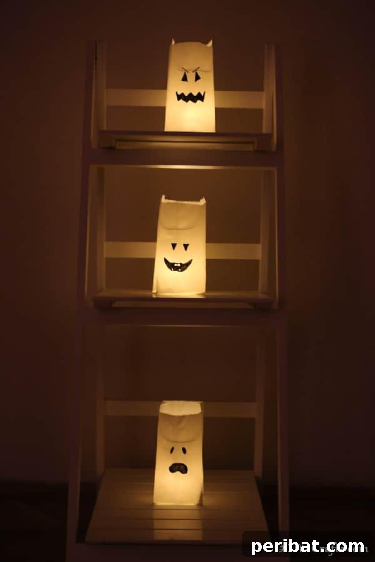 DIY Ghostly Glow Bags for Halloween 8 Halloween ghost faces luminary bags stacked on a shelf in a dark room, showcasing the finished product