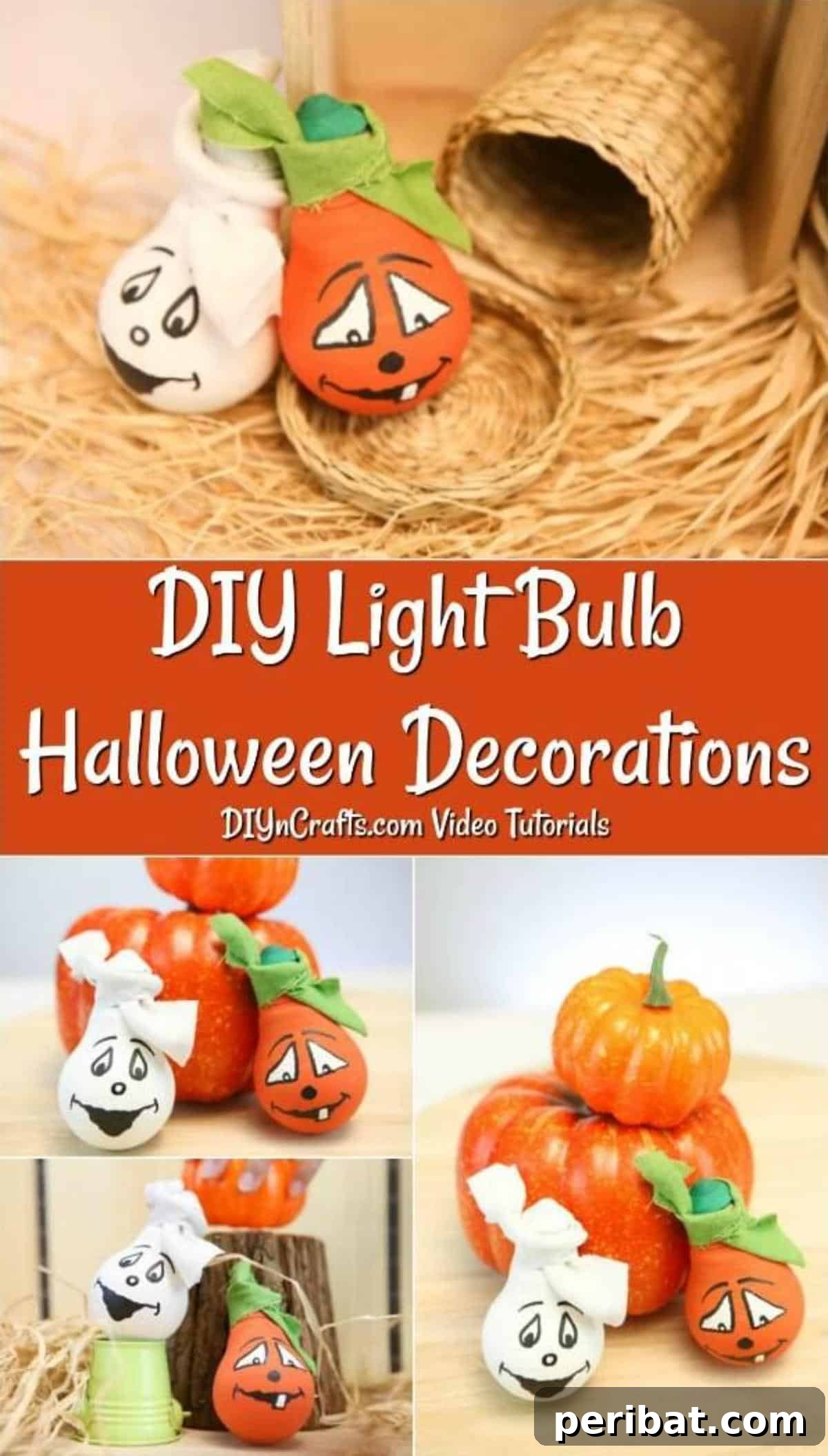 Crafting Spooky Ghosts and Pumpkins from Light Bulbs 2 How to make Halloween Decorative Light Bulbs for table decor featuring painted pumpkin and ghost bulbs