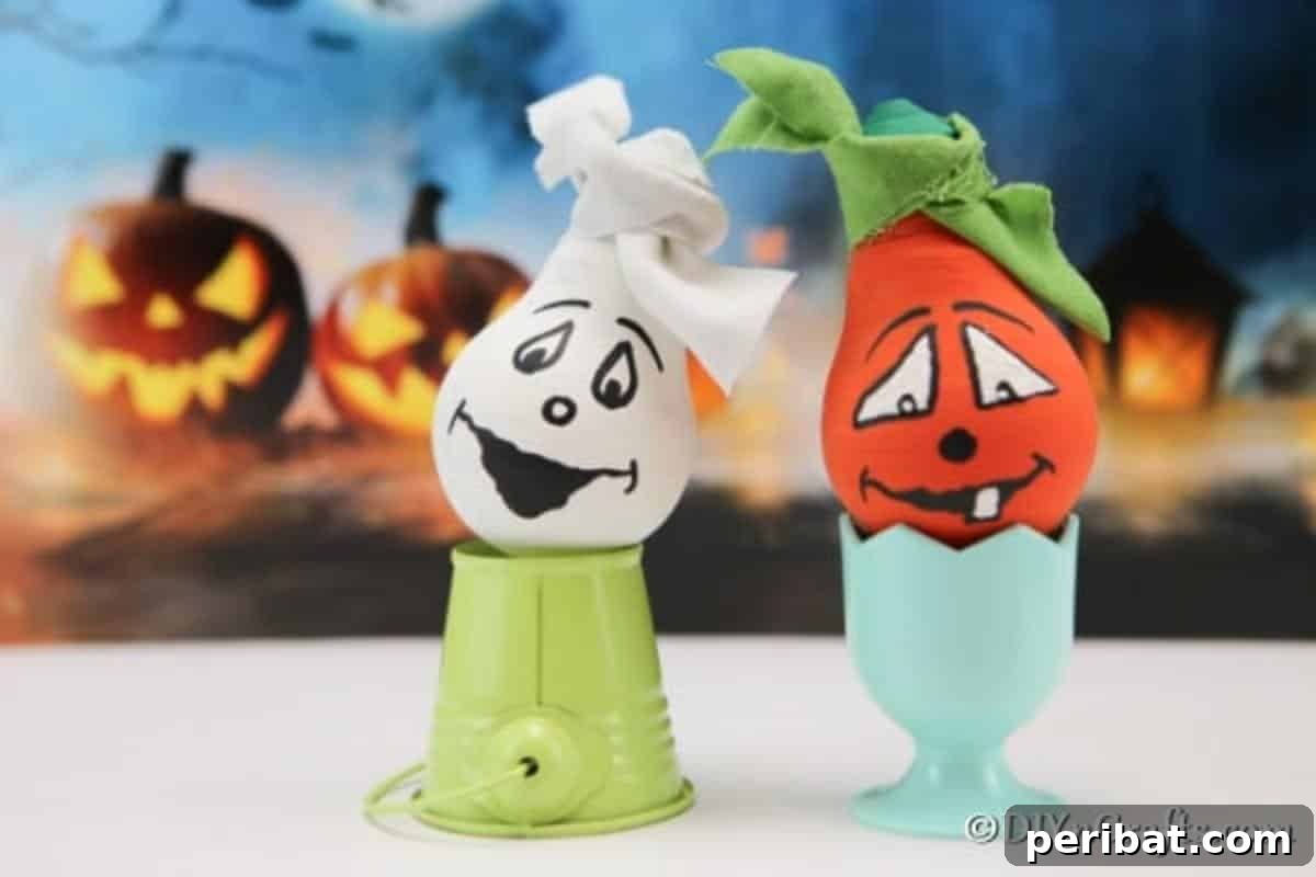 Crafting Spooky Ghosts and Pumpkins from Light Bulbs 3 Completed Halloween decorative light bulbs painted as ghosts and pumpkins displayed on egg cups with background pumpkins