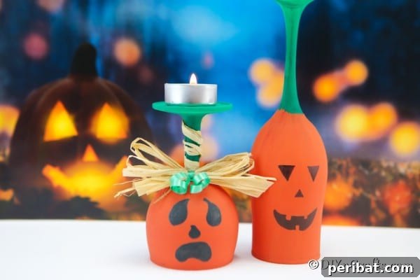 Up close picture of painted wine glass pumpkin art in front of blue halloween themed background