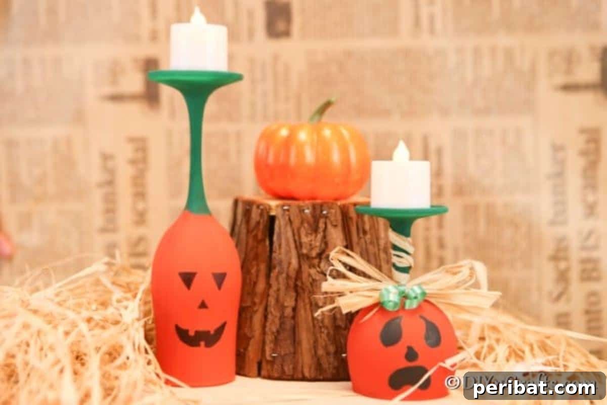 Two completed wine glass pumpkin art pieces displayed on a wooden surface with autumnal decorations in the background, highlighting their charm.