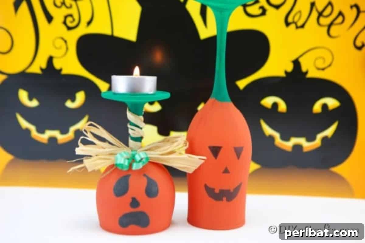 Two festive wine glass pumpkins, one with a tealight candle, displayed against a cheerful yellow Halloween-themed background.
