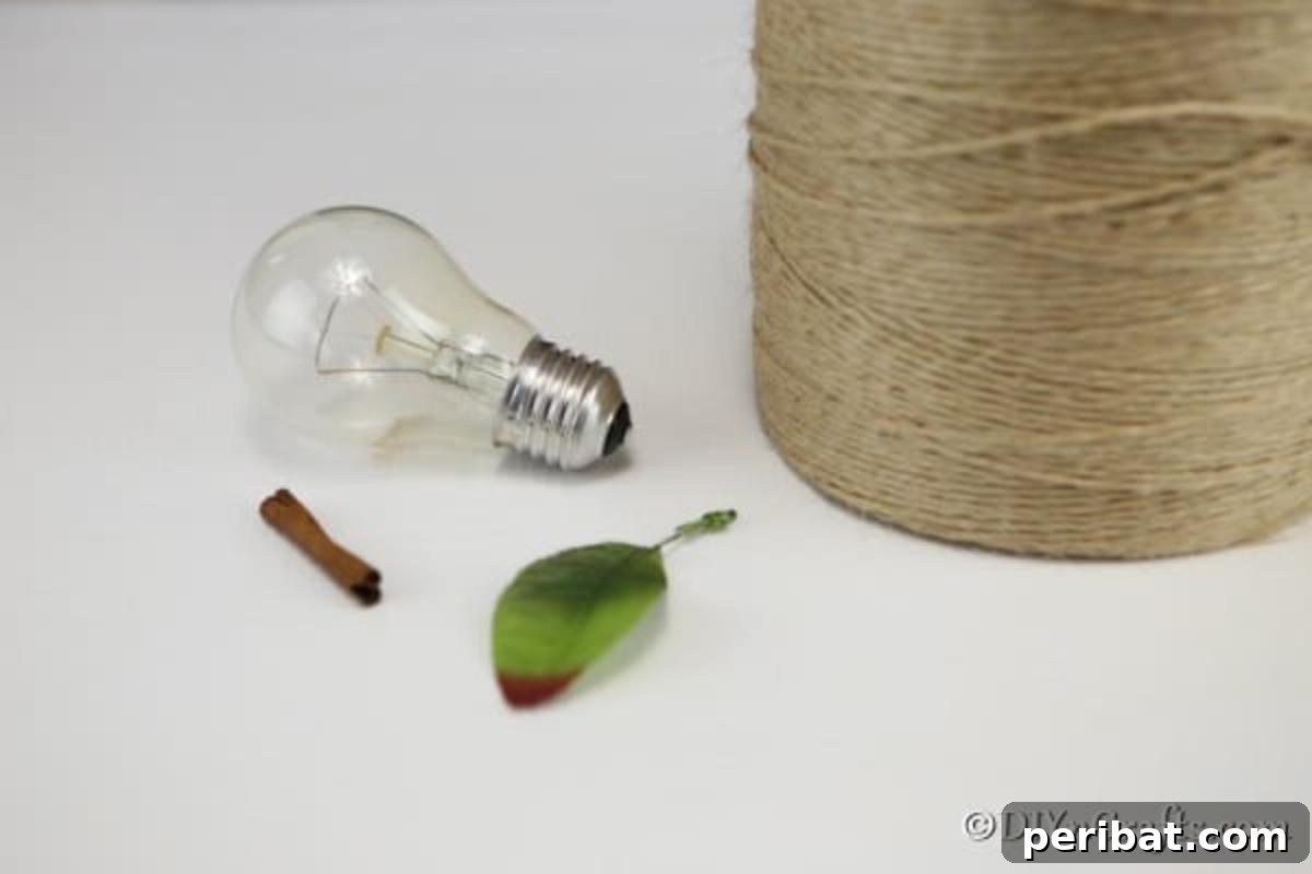 Handcrafted Twine Pear Bulb Art 7 Supplies needed to create a twine wrapped fruit decoration
