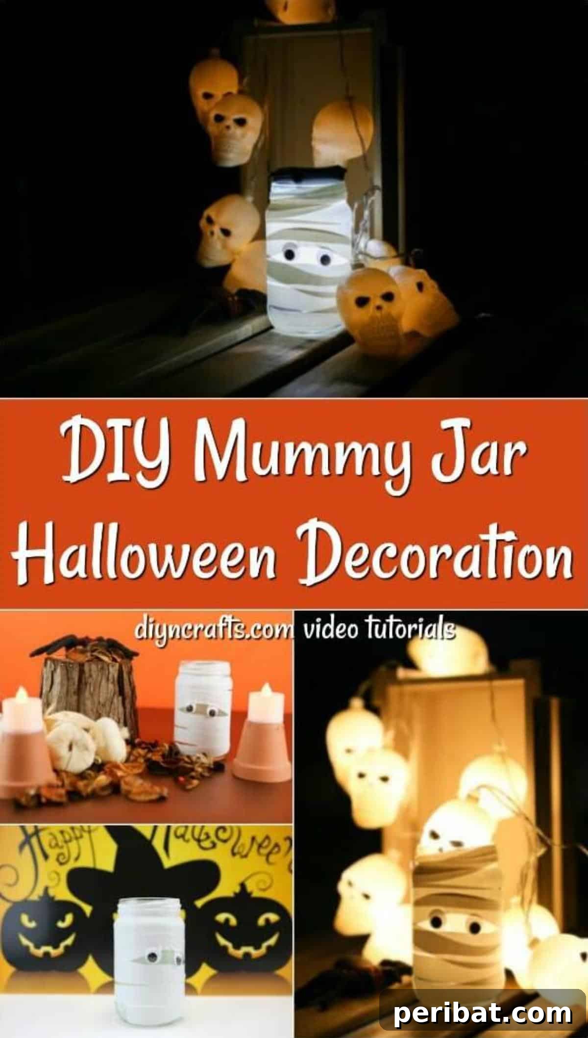 Two spooky mummy mason jar lights with googly eyes, one tall and one shorter, glowing softly in a darkened setting, perfect for Halloween decor.