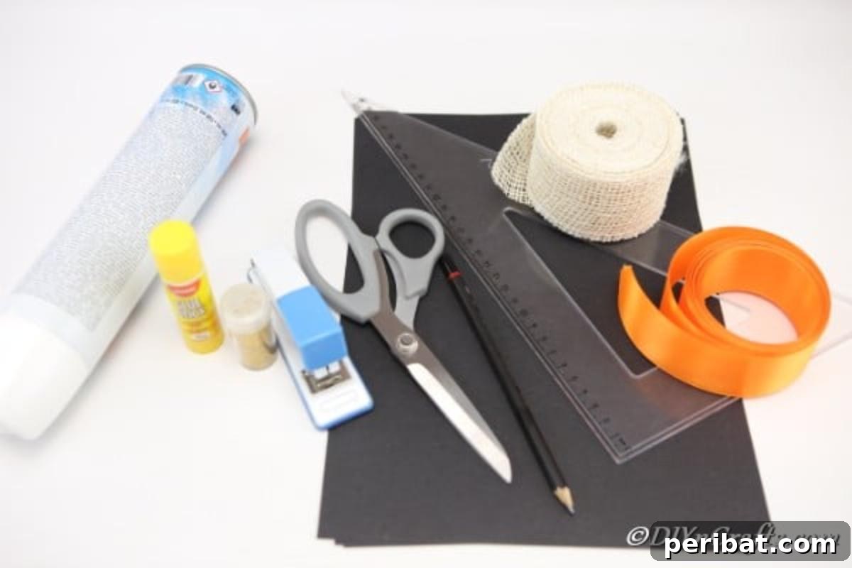 Bewitching DIY Witch Hat for Halloween 6 Collection of supplies for making a DIY witch hat Halloween decoration, including cardboard, ribbon, and glitter