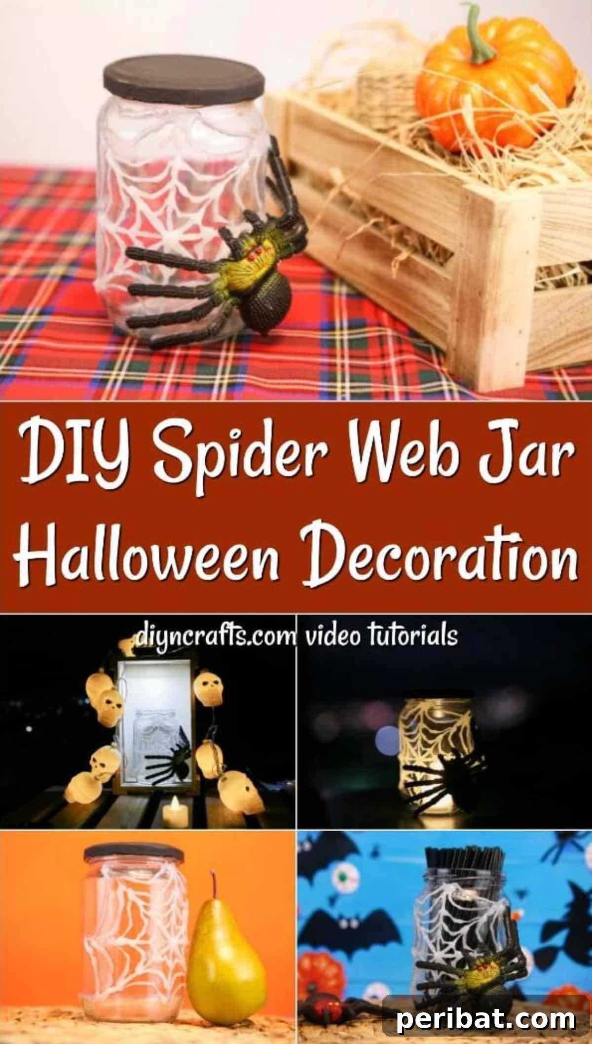 Collage picture of a homemade halloween spider web candy jar decoration