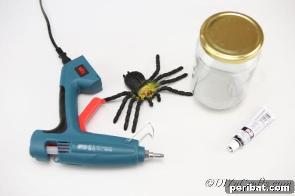Supplies for a halloween spider jar craft