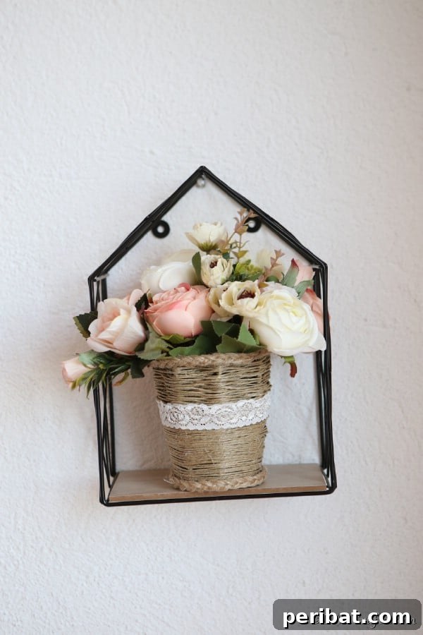 Craft a Charming Rustic Basket 19 Finished rustic woven basket sitting on a black wire frame hanging on the wall