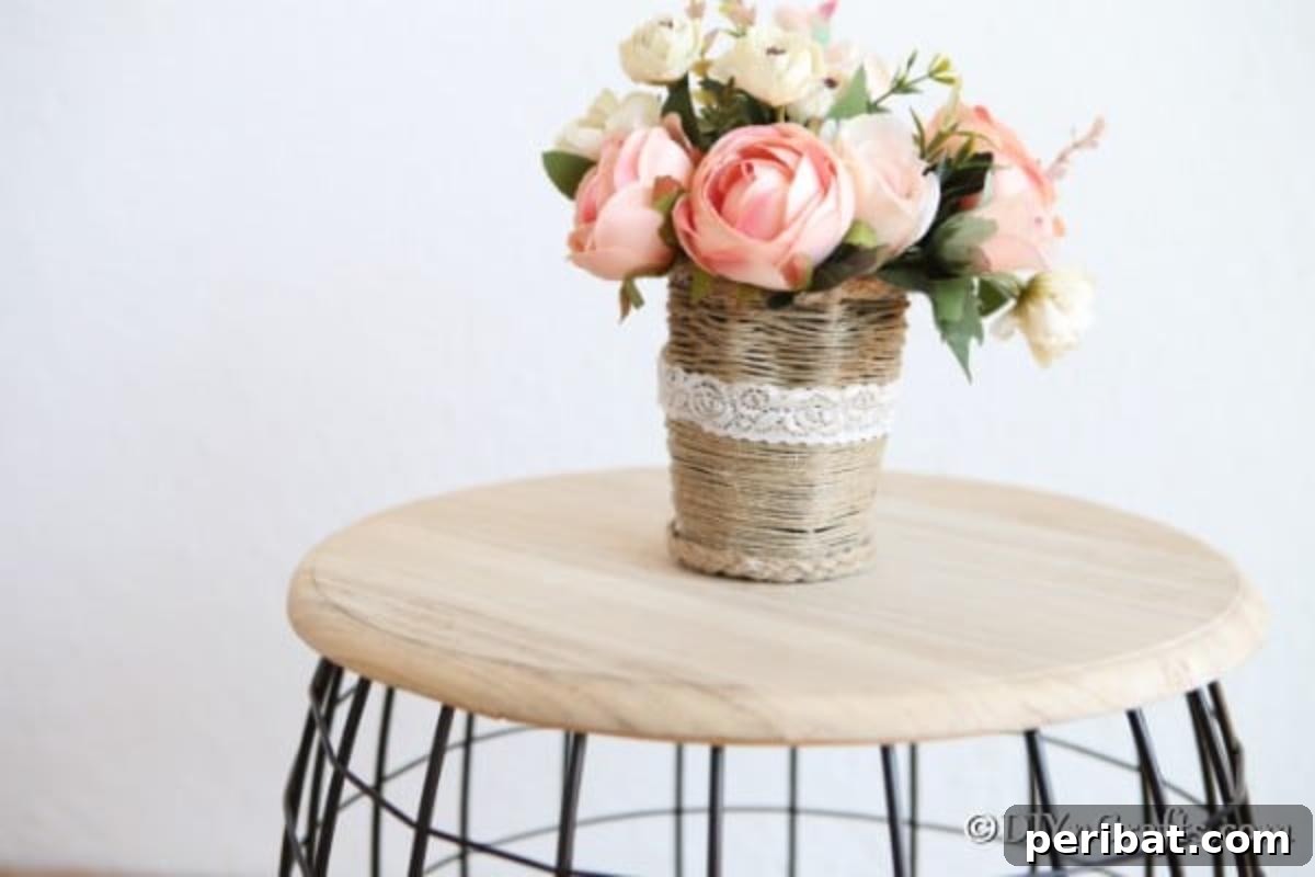 Craft a Charming Rustic Basket 5 The completed rustic woven basket sitting on a wooden stool