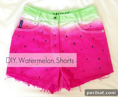 40 Smart & Easy DIY Shorts for Summer 23 DIY watermelon shorts with green and pink dye and fabric pen seeds