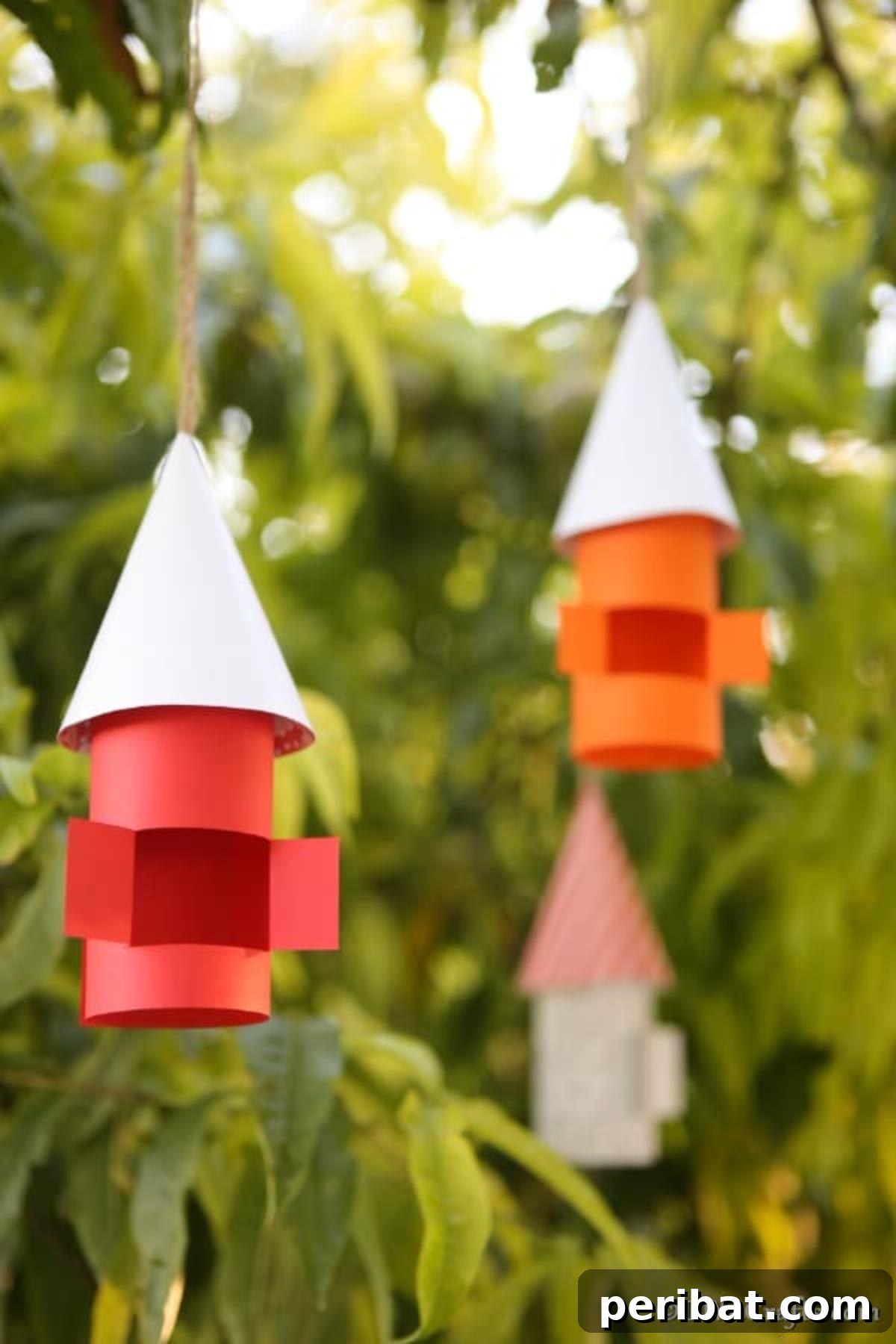 Enchanting Paper Gnome Homes for Your Garden 11 Multiple paper fairy and gnome houses hanging in a tree, creating a whimsical scene
