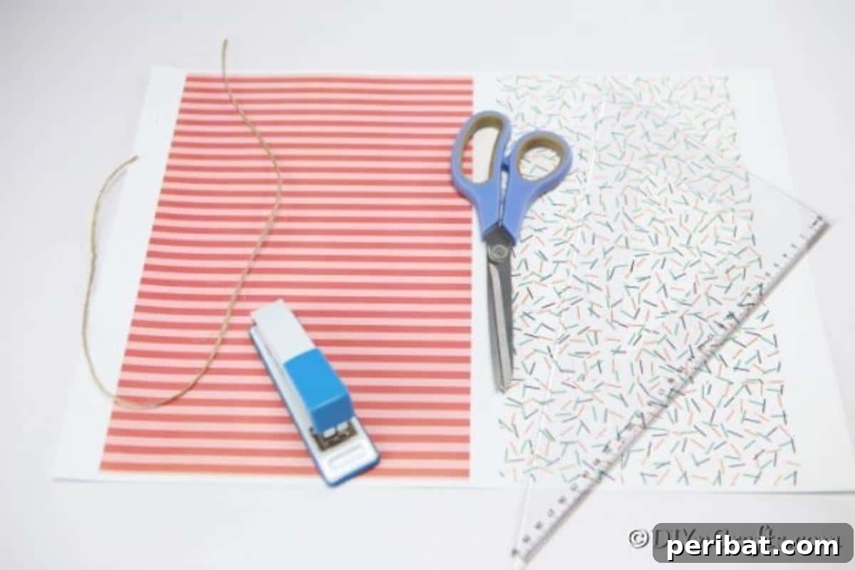 Enchanting Paper Gnome Homes for Your Garden 7 Craft supplies laid out for making paper gnome houses, including paper, scissors, glue, and thread
