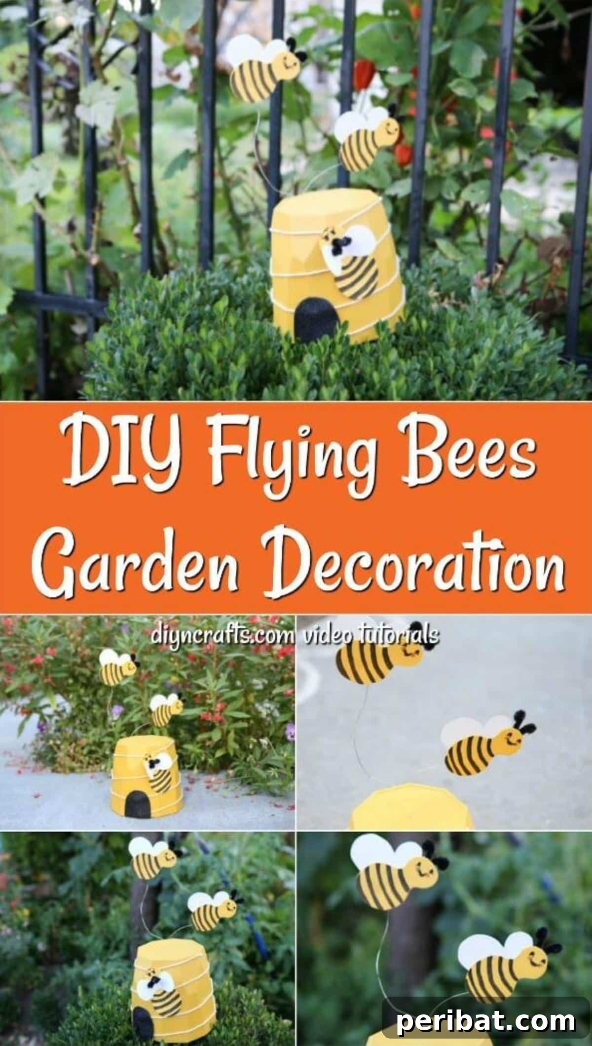 Whimsical Bee Garden Planter 2 Collage image of a DIY flying bee decoration for the garden