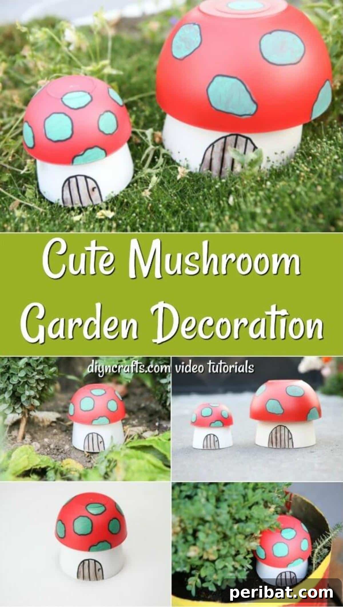 Whimsical Hand-Painted Mushroom Garden Planter 2 Collage showcasing the step-by-step process of creating a DIY mushroom planter garden decoration