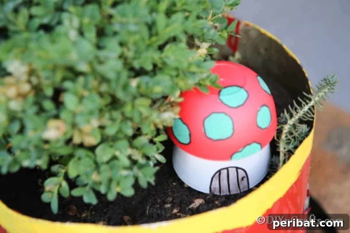 Whimsical Hand-Painted Mushroom Garden Planter 5 A vibrantly painted mushroom garden decor with fresh flowers in a planter