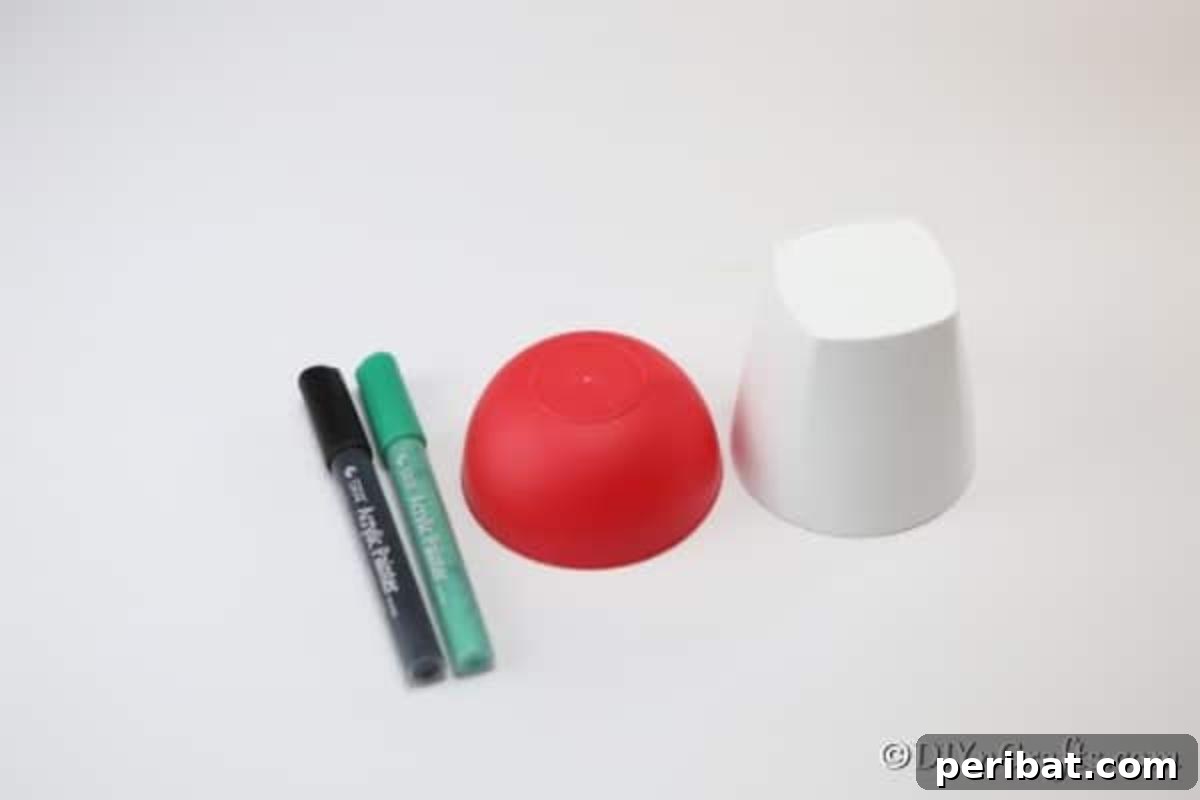 Whimsical Hand-Painted Mushroom Garden Planter 6 Assortment of supplies laid out for crafting a painted mushroom planter: a planter, a bowl, paints, and glue