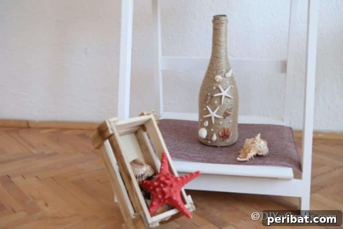 Coastal Rustic Wine Bottle Charm 5 A finished nautical twine-wrapped bottle delicately placed on a small shelf, surrounded by other natural seashells.