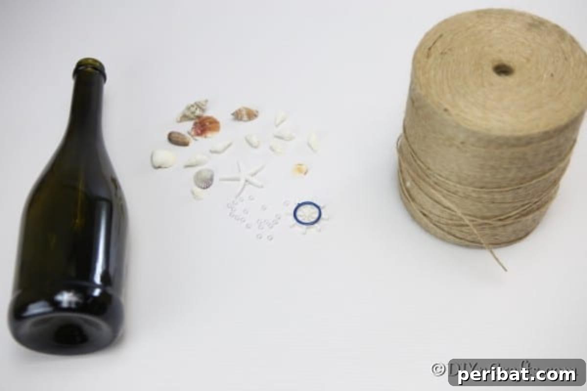Coastal Rustic Wine Bottle Charm 7 A curated collection of supplies laid out, ready for creating rustic nautical bottle decor, including twine, seashells, and glue.
