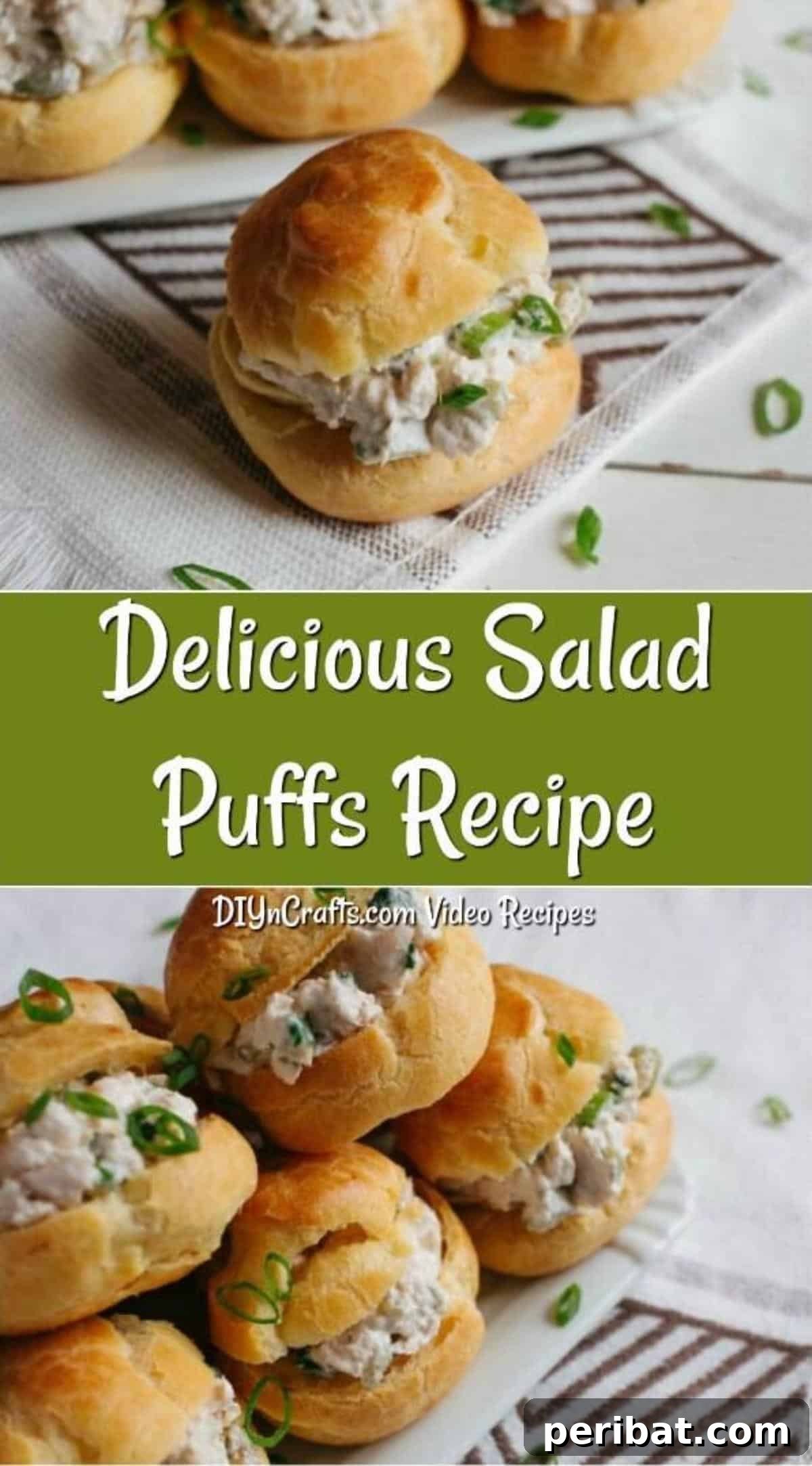 Golden Puffs, Creamy Chicken Salad 2 Collage image of homemade chicken salad in homemade puff pastry