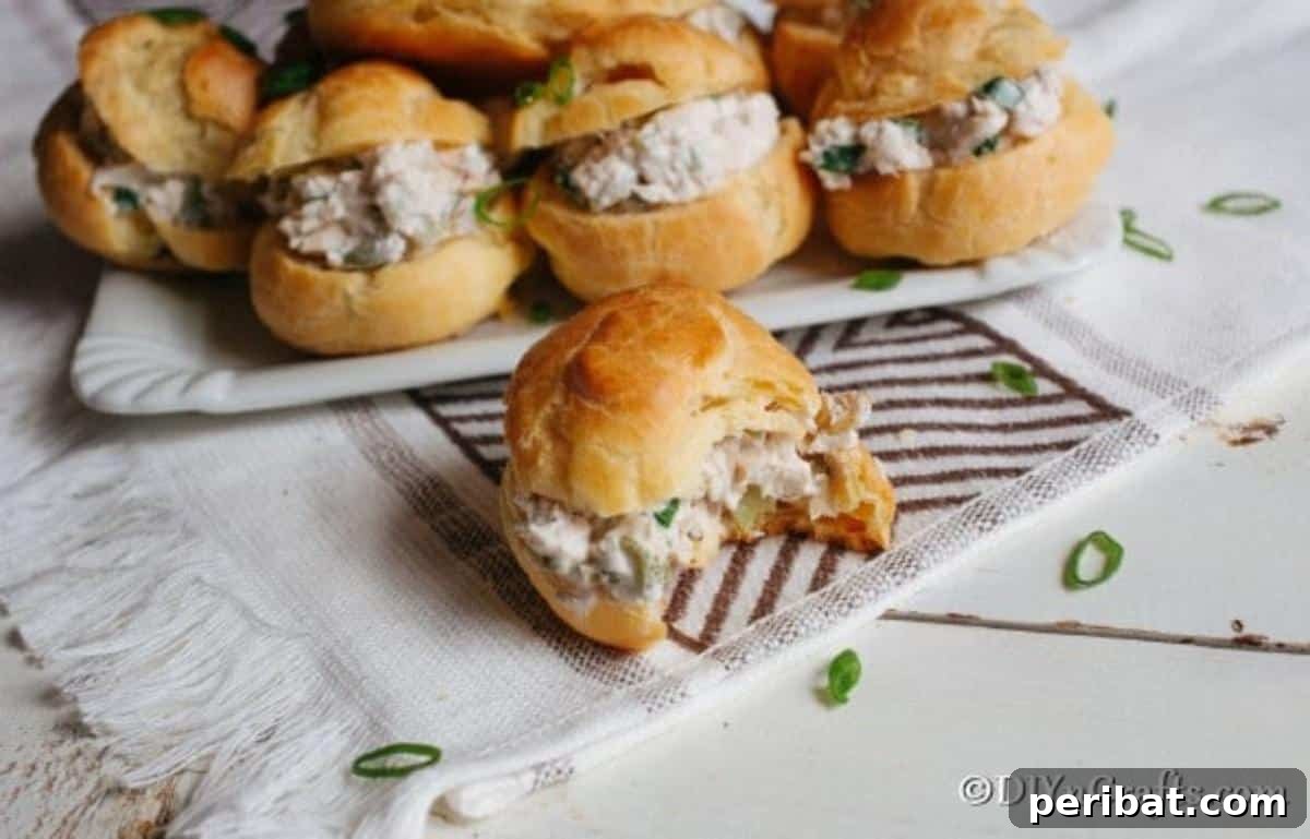 Golden Puffs, Creamy Chicken Salad 5 Up close picture of platter of chicken salad sandwiches