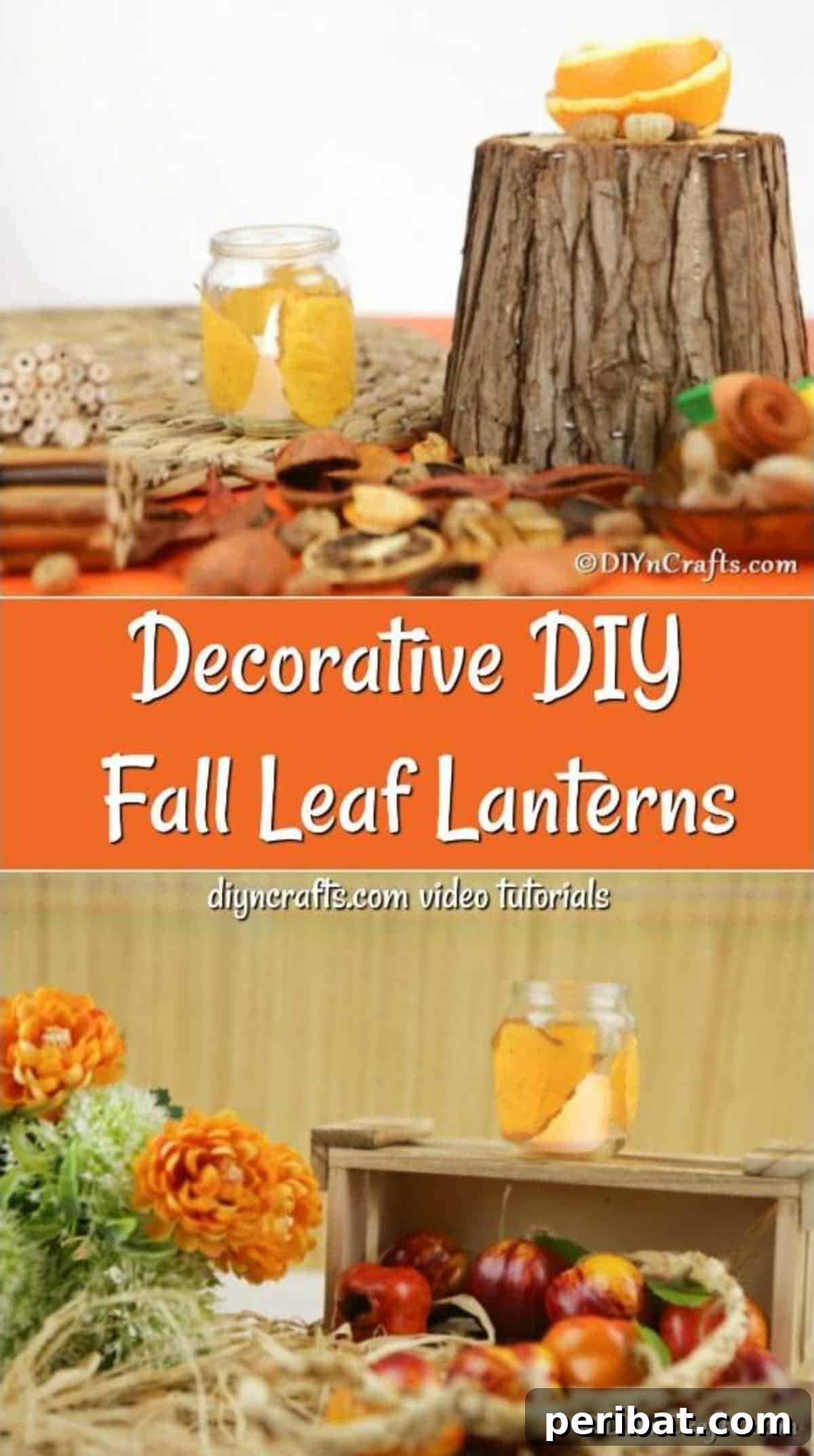 Collage image of how to make a fall leaf candles lantern out of small jar, showcasing the step-by-step process