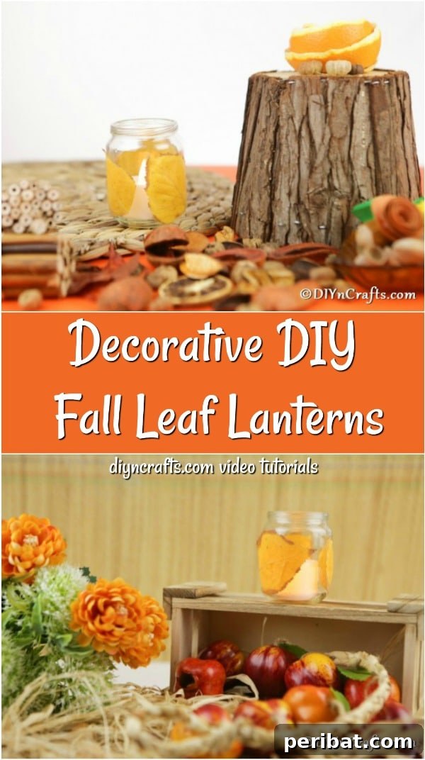 Decorative image for Pinterest, showcasing completed fall leaf lanterns