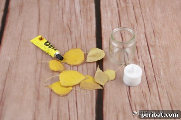 Supplies needed for making fall leaf candles lanterns, including leaves and a jar