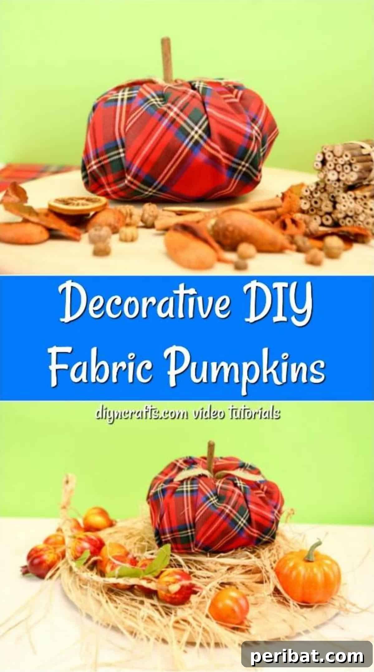 A collage of various completed fabric pumpkins in different fabrics and sizes, showcasing their versatility as fall decor.