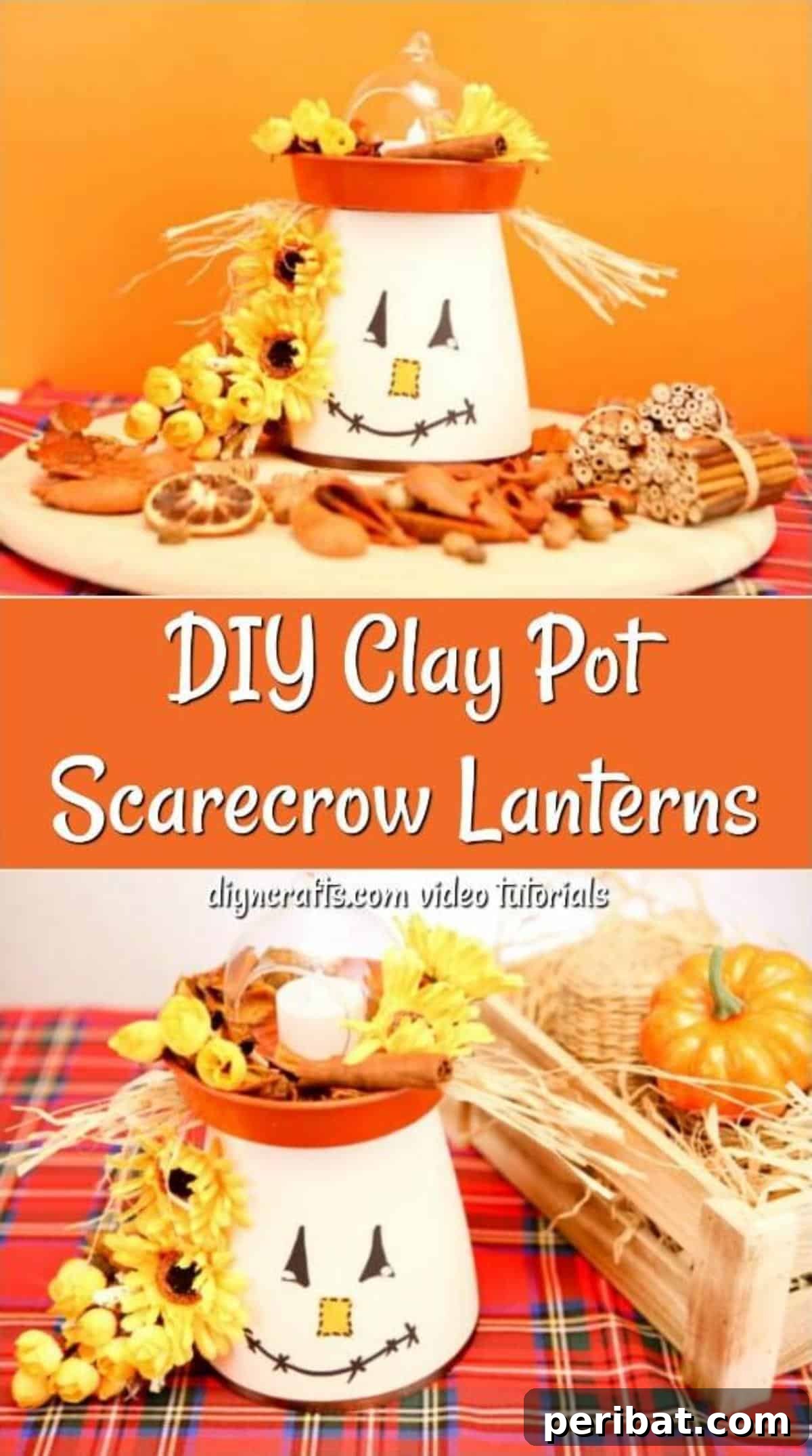 Whimsical Scarecrow Pot Lantern 2 A charming DIY scarecrow clay pot lantern, featuring a hand-drawn face and a rustic hat, sitting on a textured cloth with a warm orange backdrop, perfect for fall decoration.