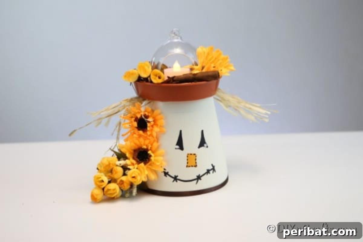 Whimsical Scarecrow Pot Lantern 11 A completed DIY scarecrow clay pot lantern, featuring a glowing battery-operated tealight under a glass dome, adorned with hay and artificial autumn foliage, ready to illuminate any fall setting.