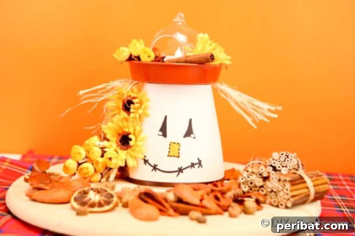 Whimsical Scarecrow Pot Lantern 5 A charming DIY scarecrow flower planter lantern, showcasing a detailed hand-drawn face and a sturdy hat, set against a vibrant orange background, embodying the festive spirit of autumn.