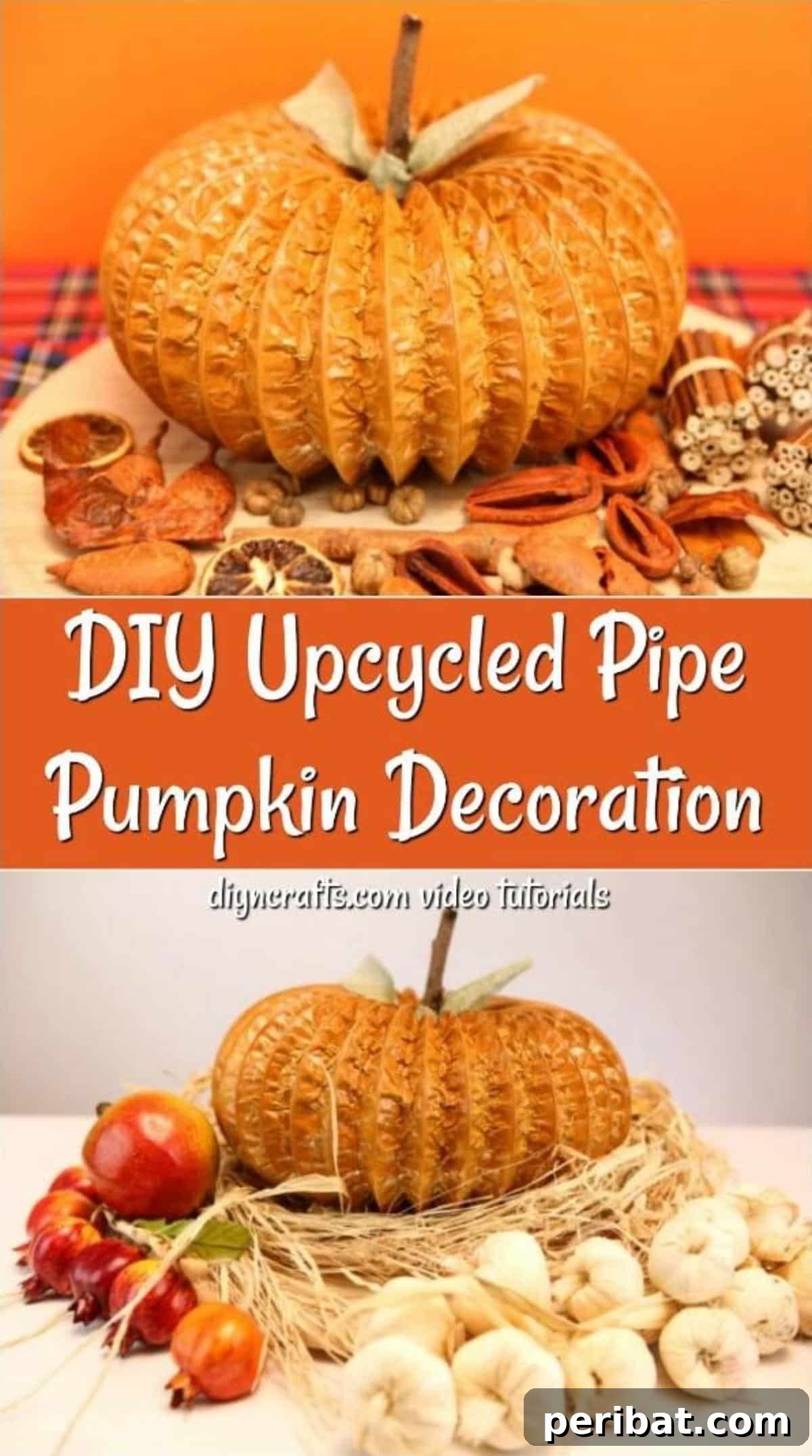 Easy DIY Dryer Vent Pumpkins Video Tutorial Included 2 A collage image of pumpkin decor made from dryer vents sitting on tables