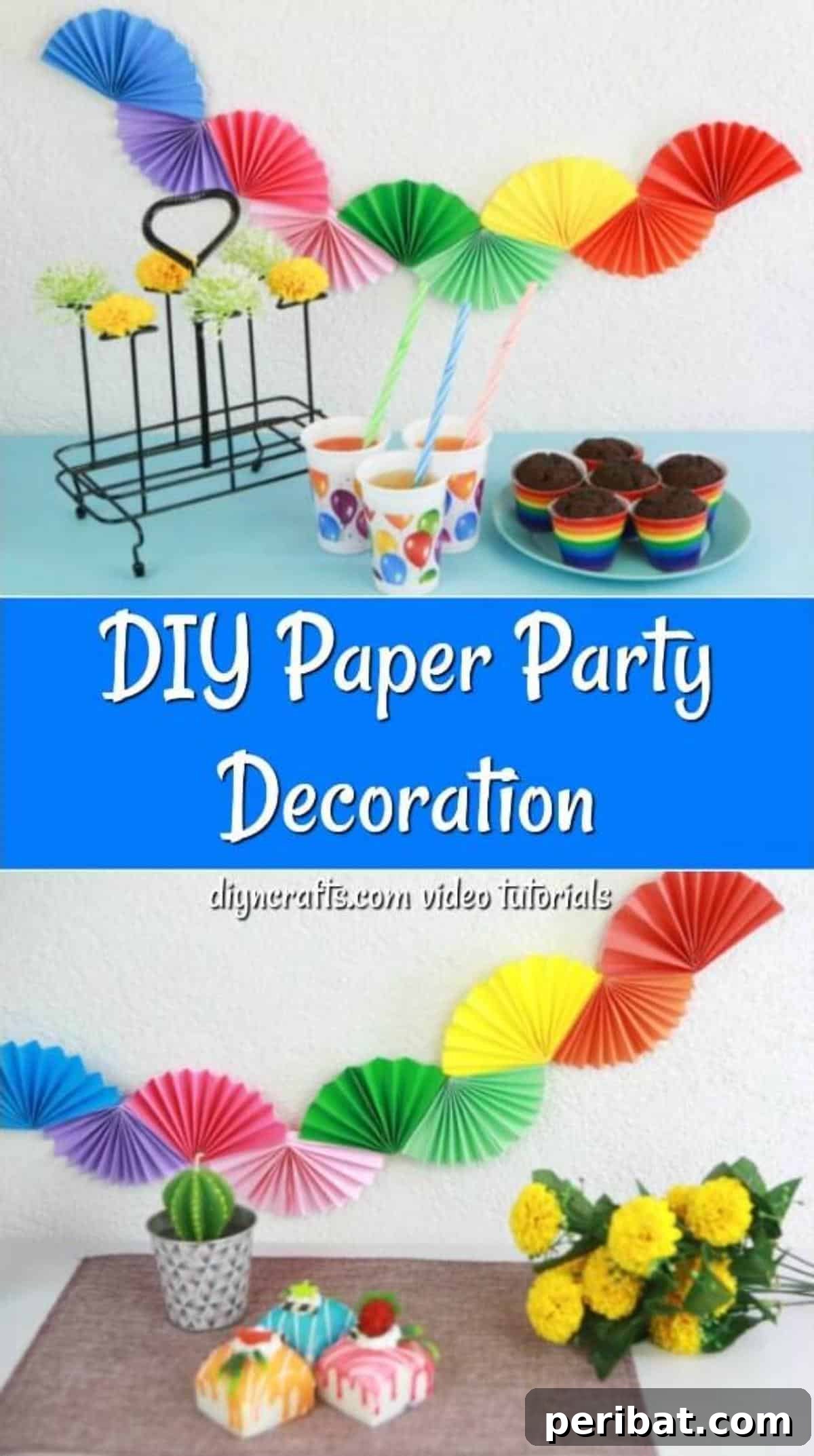 Vibrant rainbow paper fan garland adorning a white wall, setting a festive mood for any party.