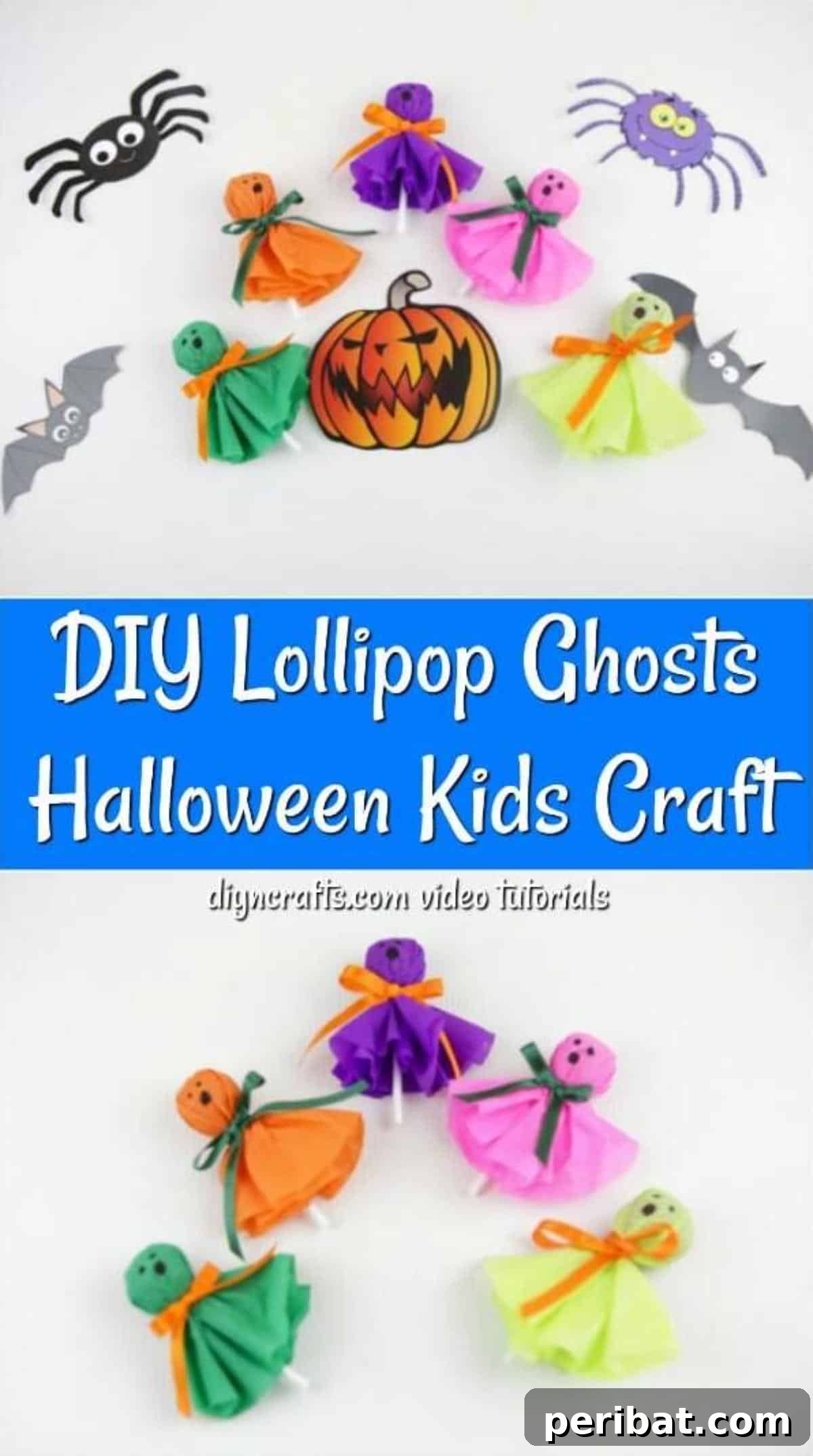 Collage image showing ghost craft made from a lollipop and tissue paper, ready for Halloween fun.