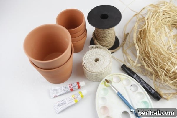 Supplies for making flower pot people into scarecrows