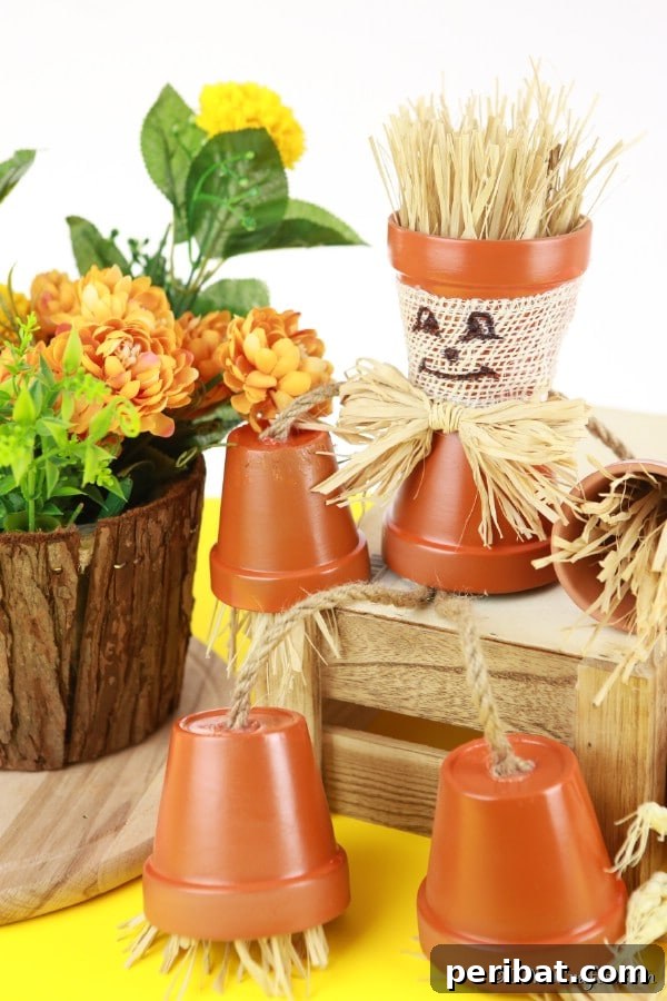 Up close picture of a complete scarecrow flower pot people craft