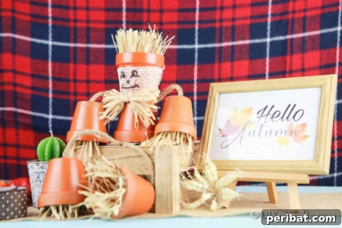 Scarecrow flower pot person on a stump in front of a red plaid cloth