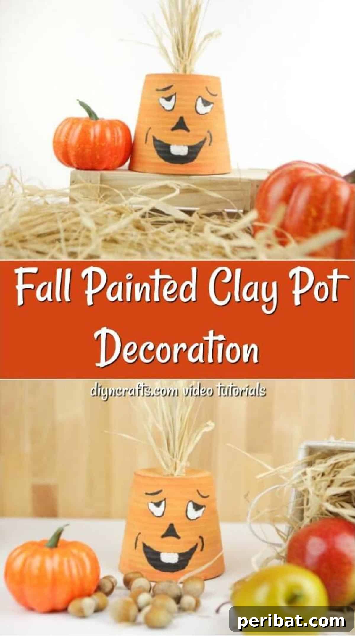 Collage of steps showing how to paint and decorate a flowerpot to create a pumpkin face planter