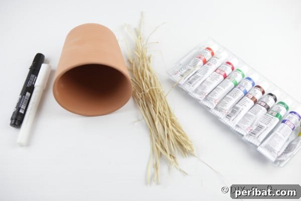 Supplies for making a clay pot pumpkin craft neatly arranged on a protected surface