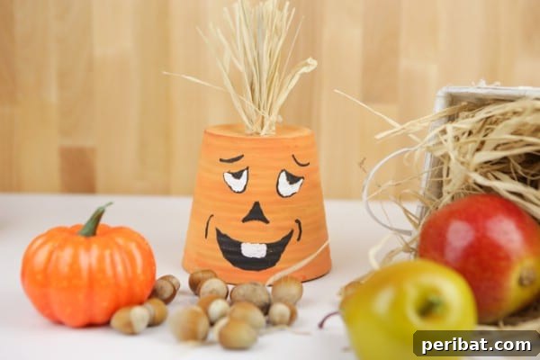 Silly Face Pumpkin Planter Craft - A painted terra cotta pot with a whimsical face and hay 'hair' for fall decor