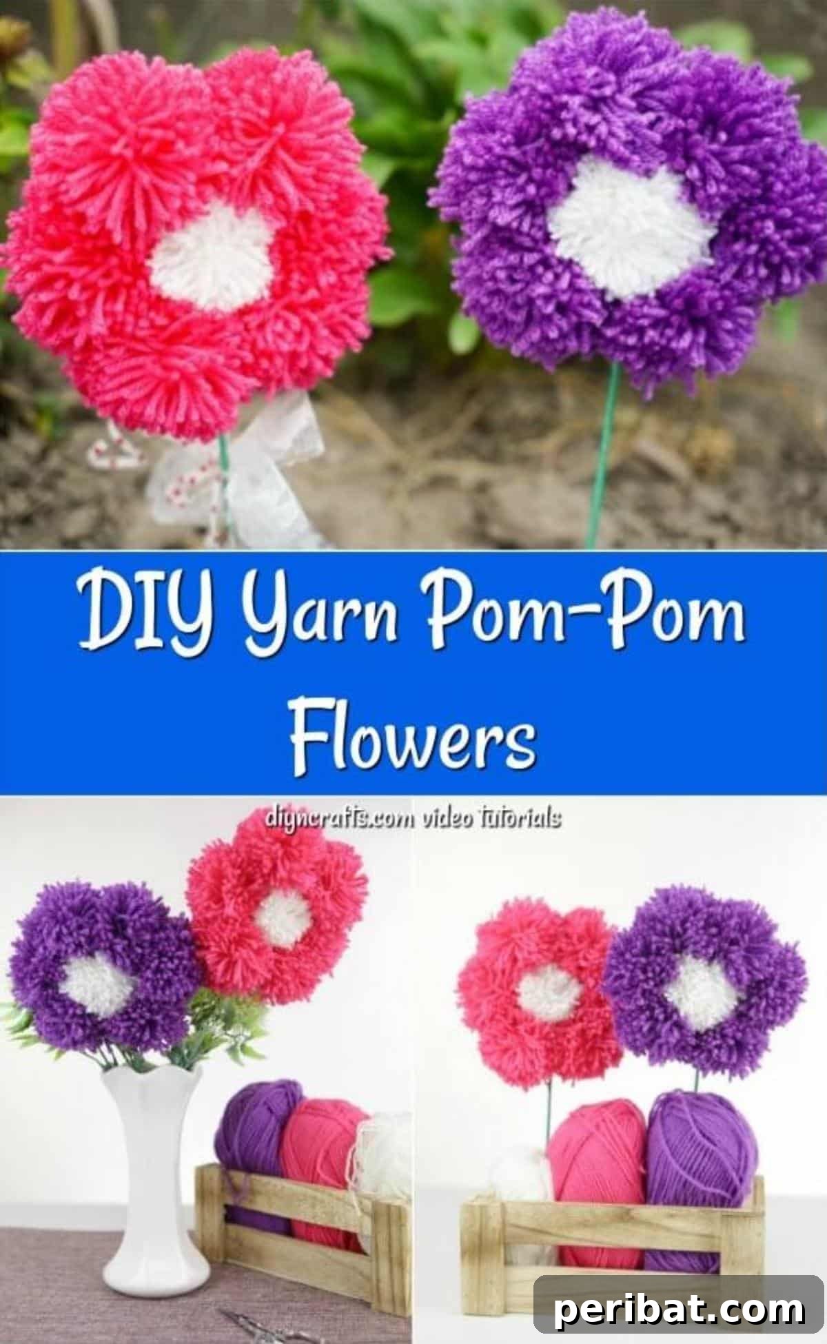 Yarn Pom-Pom Floral Displays 2 Beautiful DIY yarn pom pom flowers displayed in a white vase, adding a touch of handmade elegance to home decor.