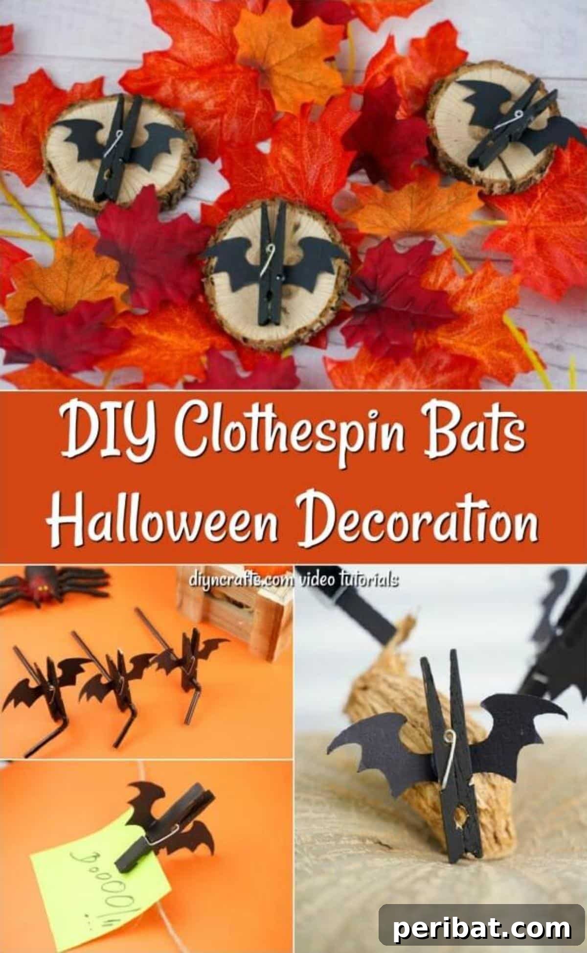 Spooky Fun Clothespin Bats for Halloween 2 Collage of finished Halloween bat clothespin crafts in various settings