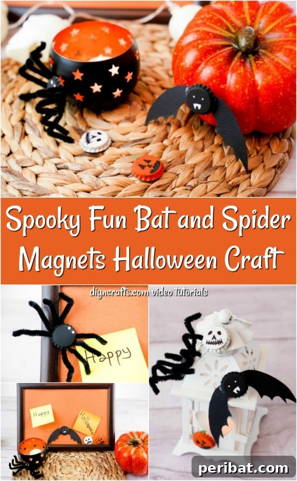 A selection of the completed fun Halloween bottle cap magnets including bats, spiders, pumpkins, and ghosts.