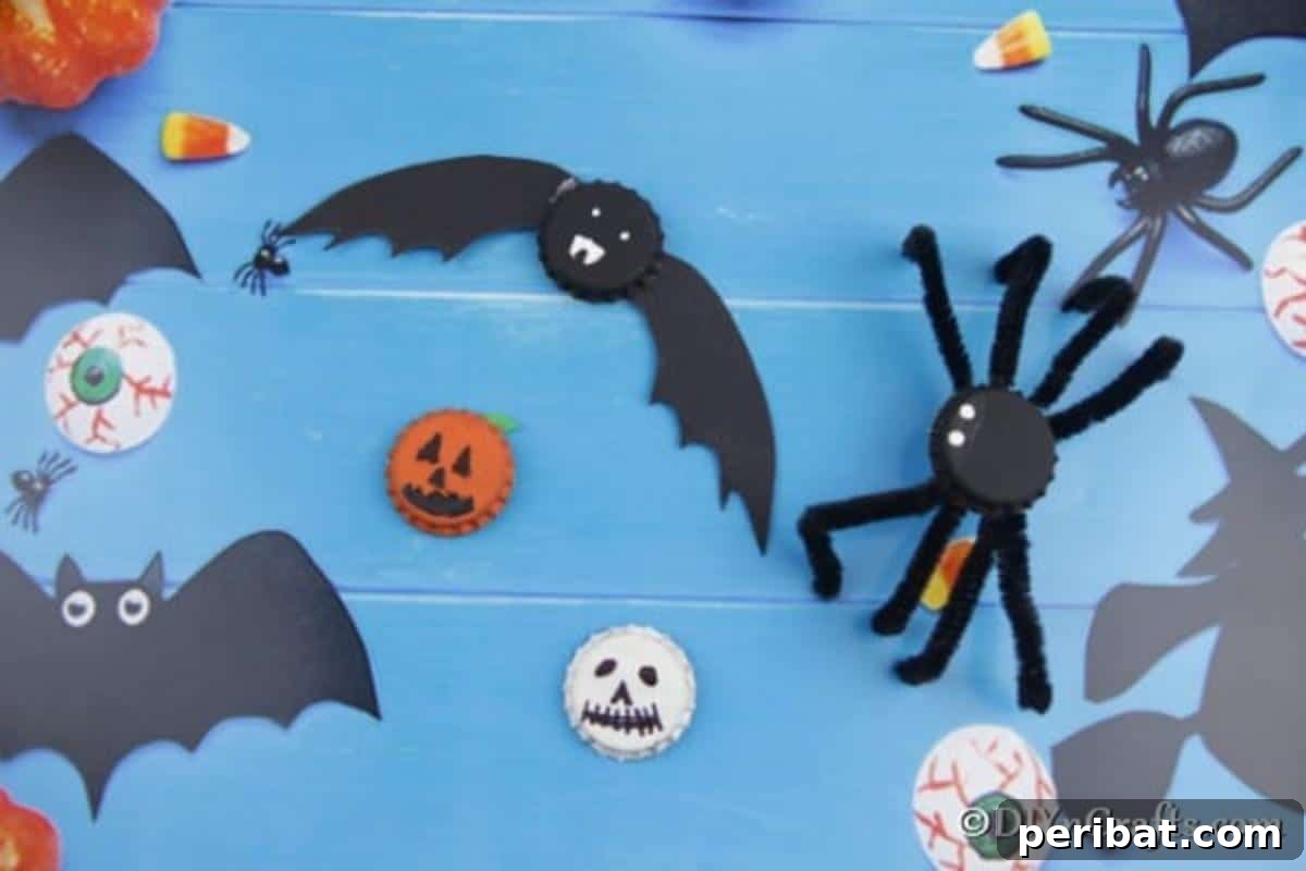 Fun magnets made to look like spiders pumpkins bats and ghosts on a blue background