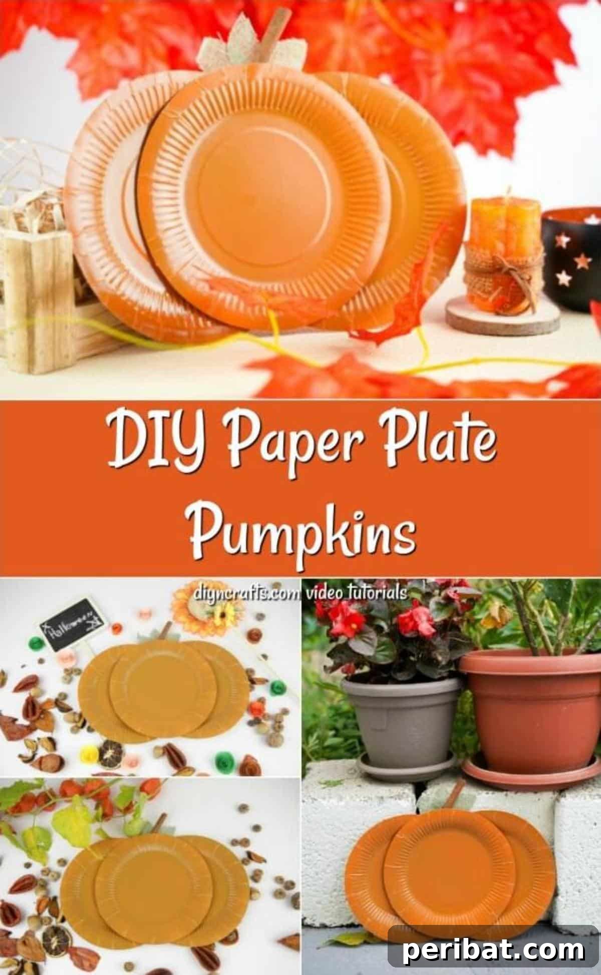 Fall Paper Plate Pumpkin Fun 2 A collage featuring various views of the completed paper plate pumpkin craft, highlighting its charming design and ease of creation.
