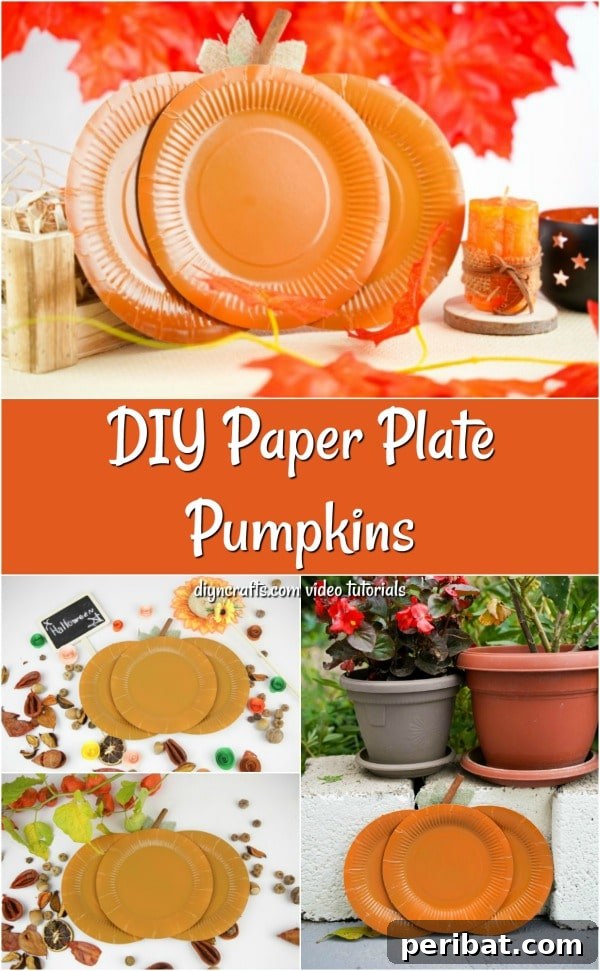 Paper plate pumpkin craft on a white background with decorative elements.