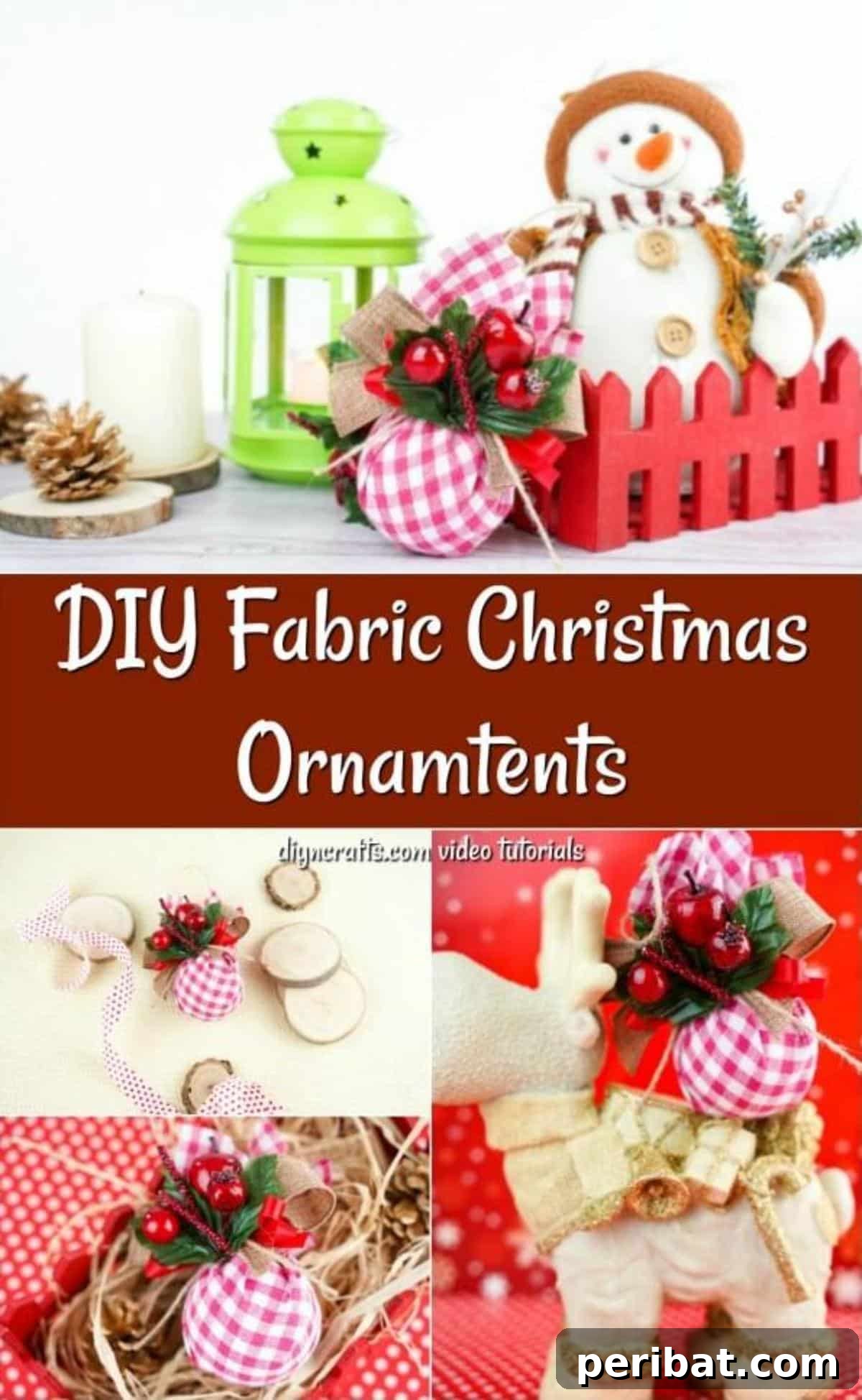 Cozy Plaid Tree Adornments 2 A collage displaying various homemade farmhouse fabric Christmas ornaments with a rustic checkered pattern.