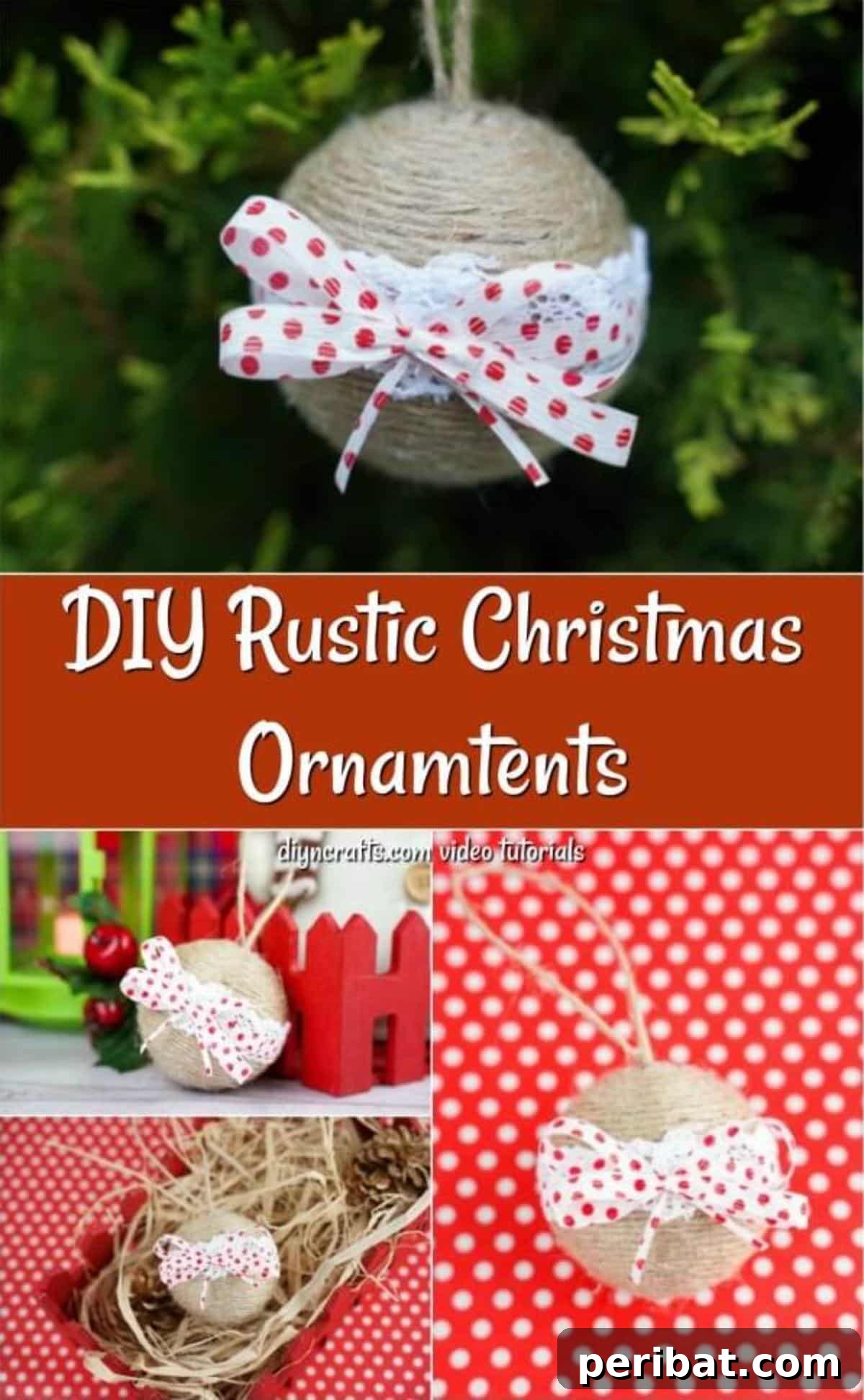 A collage image of ribbon and lace rustic Christmas ornaments being made