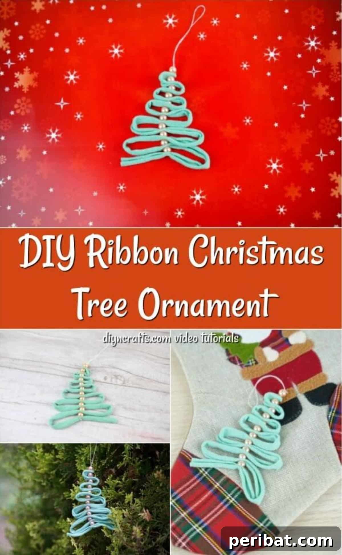 Collage image of displayed handmade Christmas ornaments made from ribbon and pearl