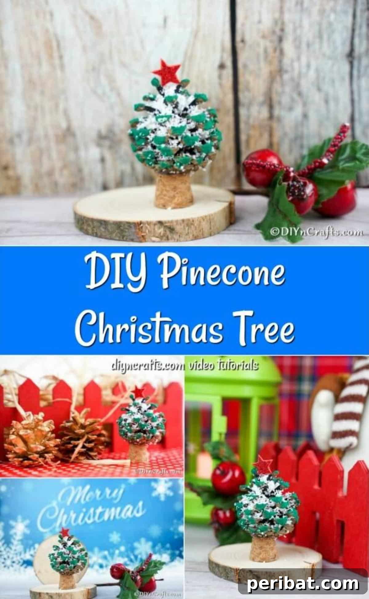 Tiny Pinecone Christmas Ornament 2 Collage image of a homemade painted pine cone ornament for Christmas with various angles and details